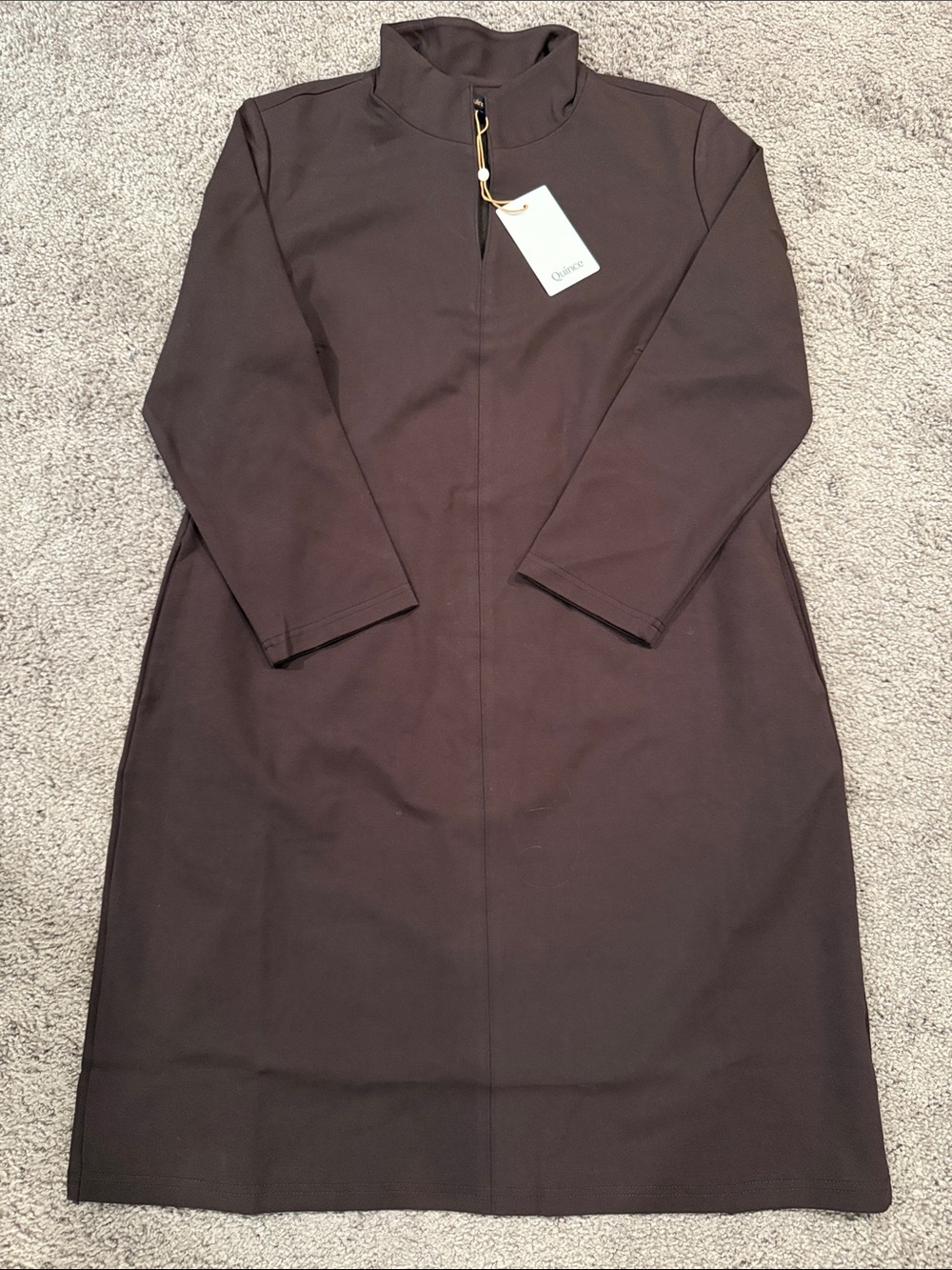 Quince Espresso Brown Midi Shift Dress with Stand Collar